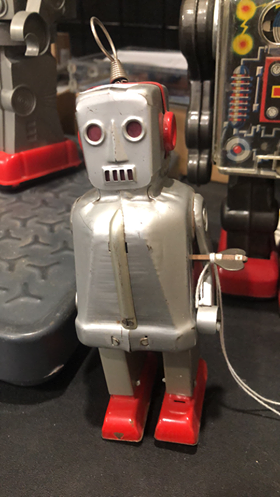 SPARKY ROBOT SPACE TOY MECHANICAL WINDUP TIN TOY SILVER 